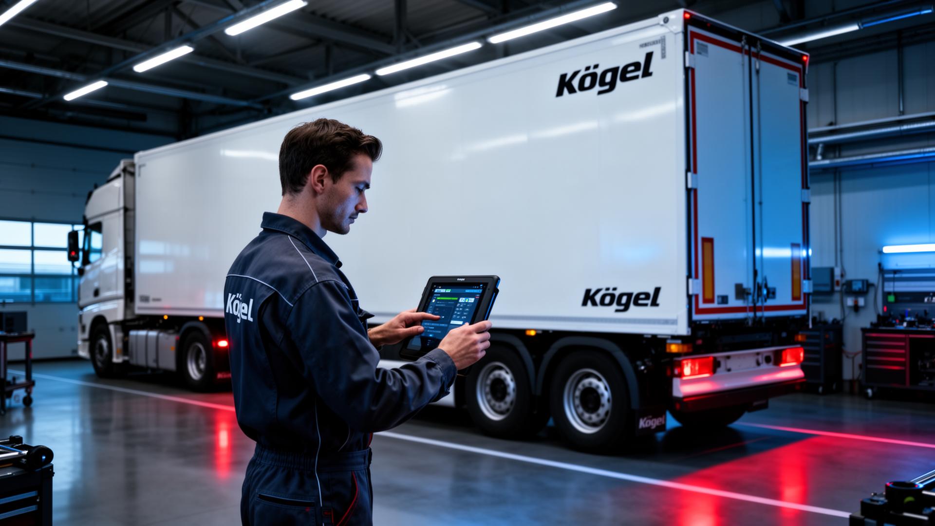 Technik s tabletem diagnostikuje návěs Kögel ve špičkové dílně